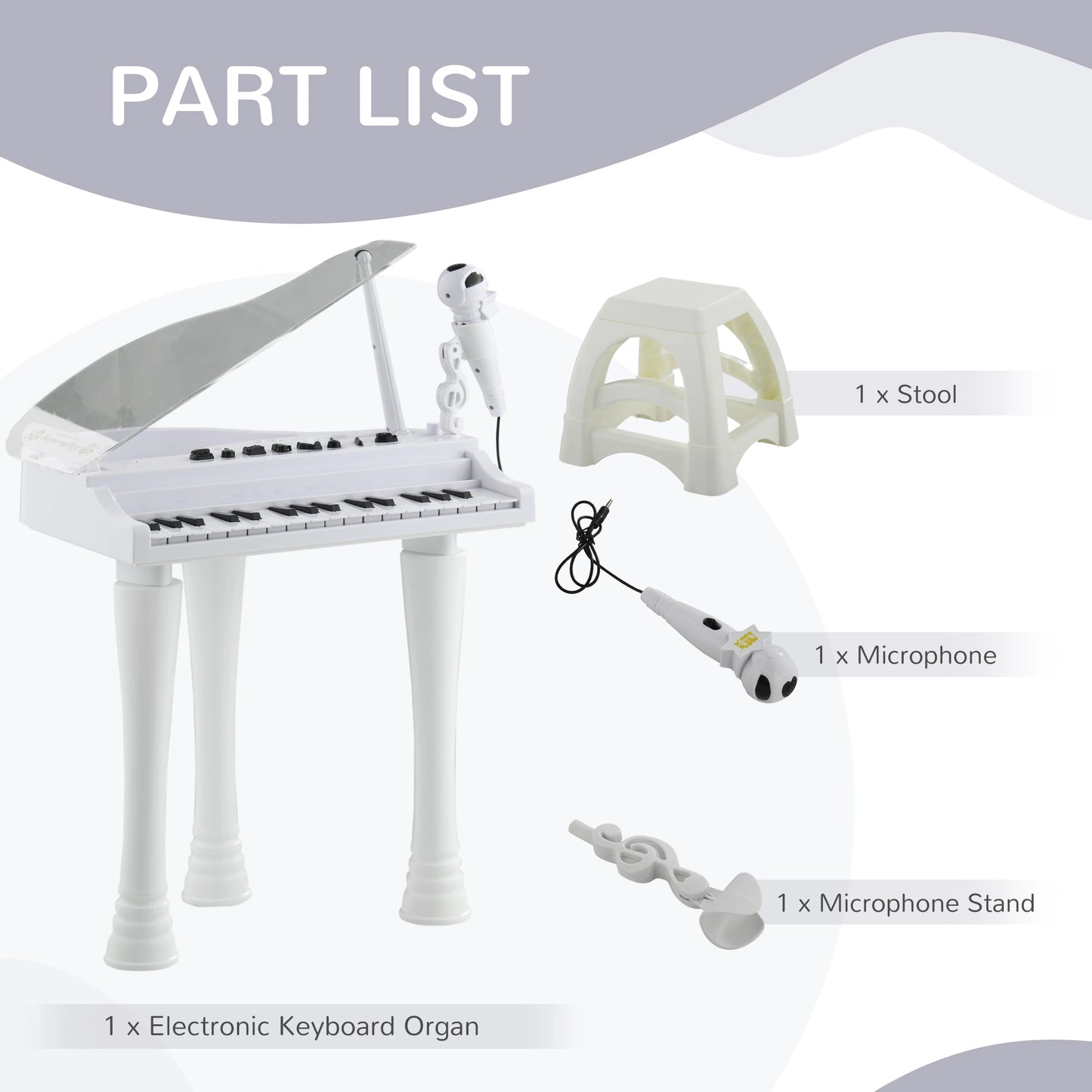 32 Key Kids Piano with See Through Lift Up Lid and Microphone - White