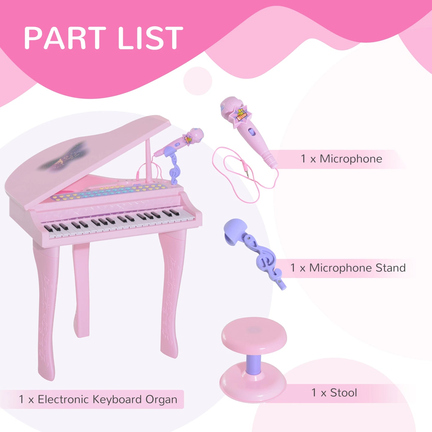 Mini Electronic Piano with Stool and Microphone Stand - Pink