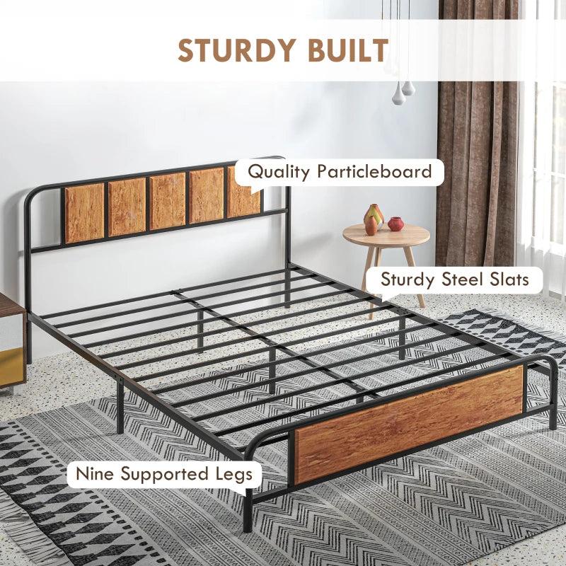 Farmhouse Style King Size Bed Frame with Steel Slat Support and Rustic Wood Panels