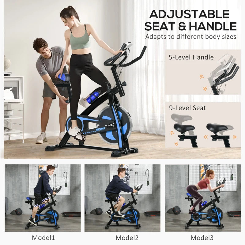 Belt Driven Stationary Cycling Exercise Bike with Adjustable Seat and Resistance - Blue / Black