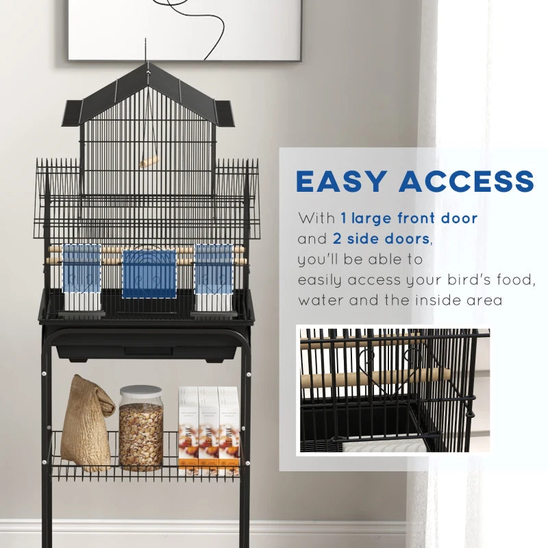 Metal Bird Cage - House Style Design with Swing, Perches, Feeding Cups, Tray - (Stand Included)