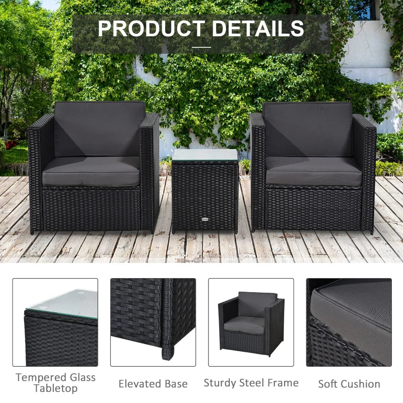 2-Seater Rattan Sofa Armchairs - Bistro Set with Cushions and Table - Black / Grey