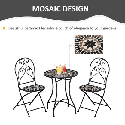 3-Piece - Metal Frame Garden Bistro Set with Mosaic Seat and Table Tile Top - Coffee Table and 2 Folding Chairs