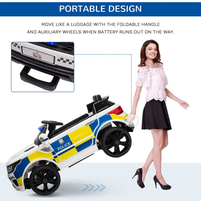 12V Kids Electric Ride On Police Car with Parental Remote Control, Siren, Flashing Lights and USB - White