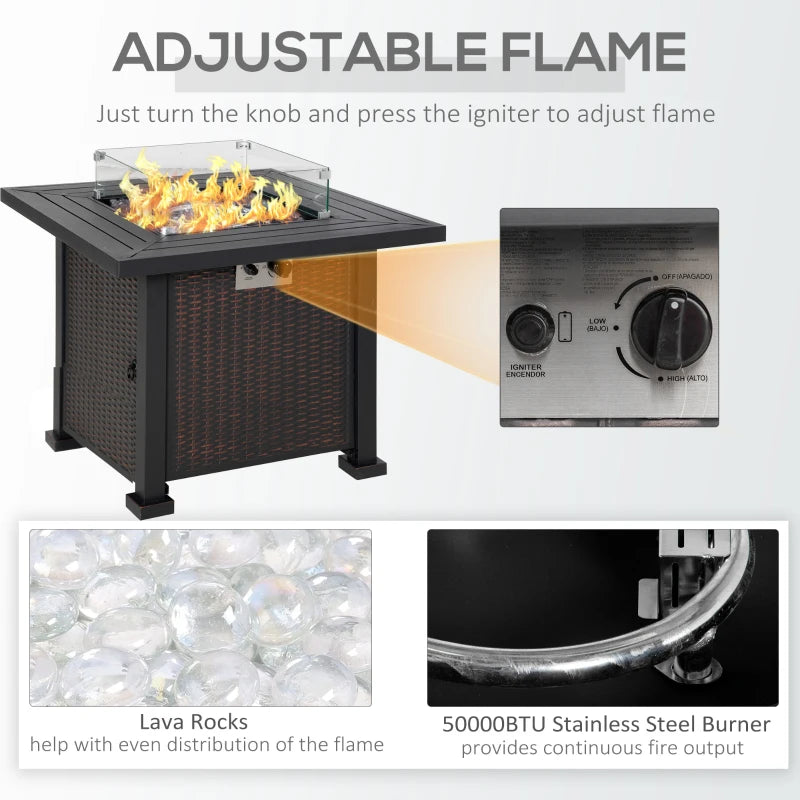 50000 BTU - Square Propane Gas Smokeless Fire Pit Table with Glass Screen - Black