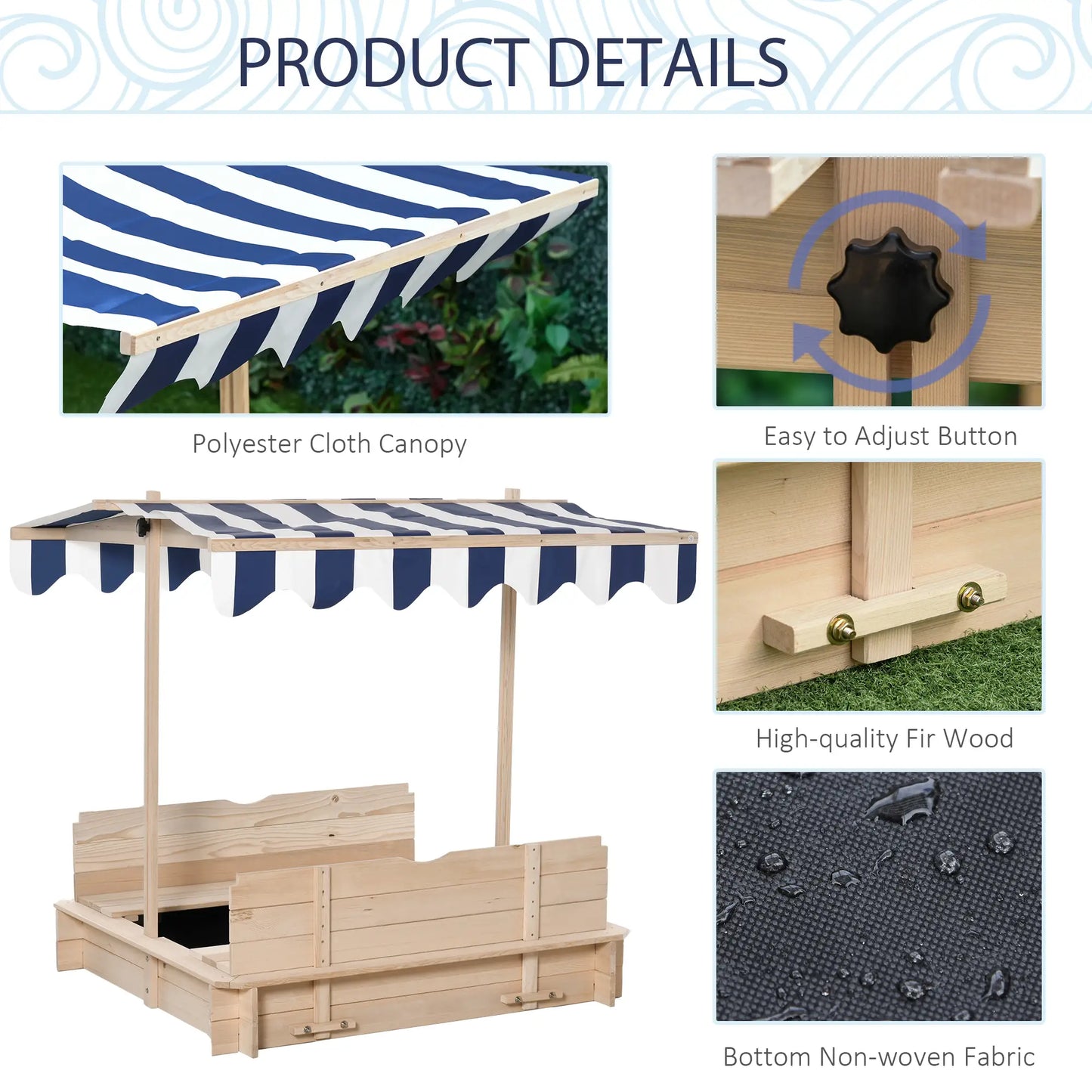 Kids Square Wooden Sandpit with 2 Benches and Adjustable Canopy - Navy