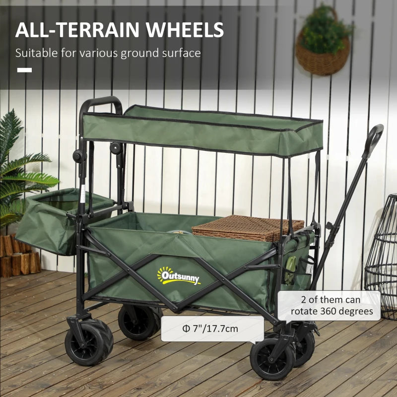 Folding Trolley Cart - Storage Wagon with Canopy & Handle - Green