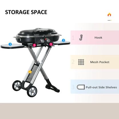 Foldable Gas BBQ Trolley with Side Shelves, Lid, Storage Pocket and Thermometer