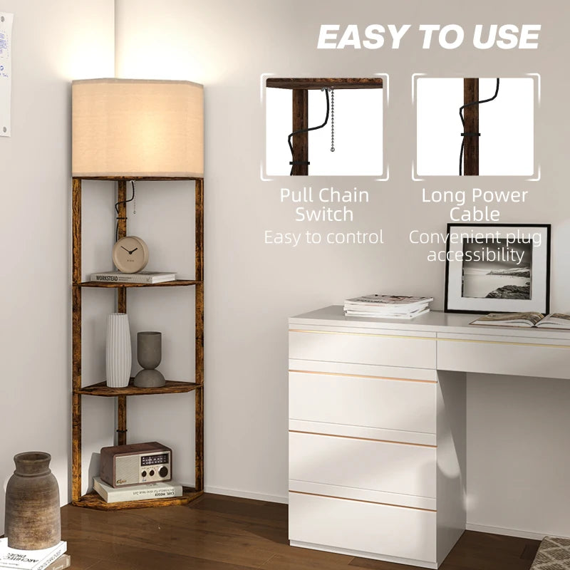 Farmhouse style - Corner Floor Light with 3-Tier Shelving and wood effect