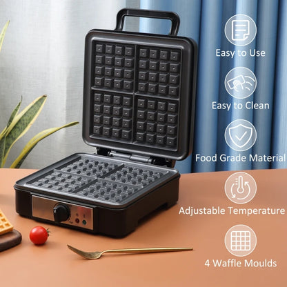 4 Slice Waffle Maker Iron Machine with Deep Cooking Plate for Batter, Adjustable Temperature and Non Stick Coating