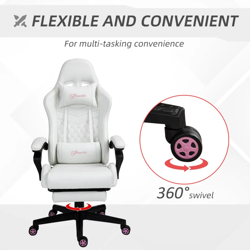 Faux Leather Recliner Racing Gaming Chair with Swivel Wheel Footrest - White / Pink Contrast Stitch