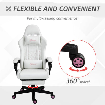 Faux Leather Recliner Racing Gaming Chair with Swivel Wheel Footrest - White / Pink Contrast Stitch