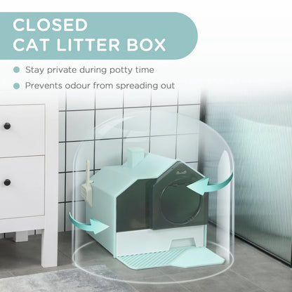 Home Style Cat Litter House Tray with Chimney Filter, Pull Out Tray and Front Door - Sky Blue