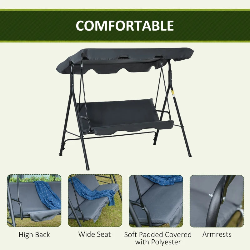 3-Seater Swing Chair with Adjustable Overhead Sun Protection Canopy - Dark Grey