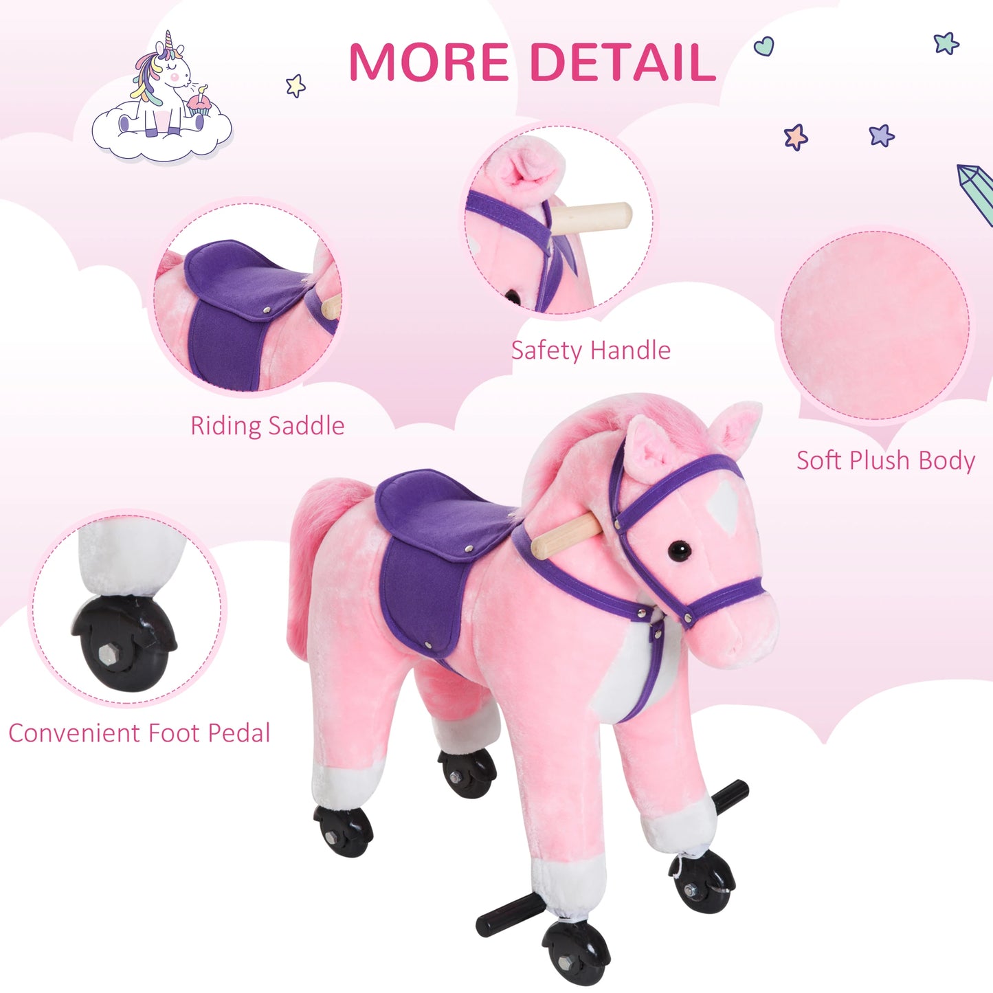 Small Ride on Horse with Wheels or Manual Movement and Sound Effects - Pink