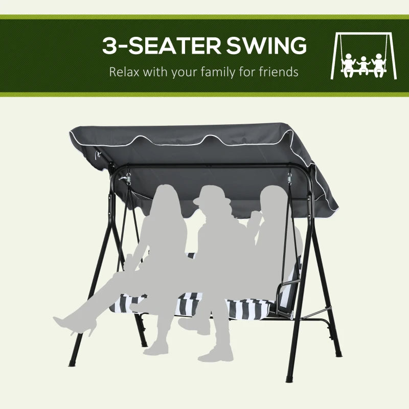 3-Seater Swing Chair with Adjustable Overhead Sun Protection Canopy - Grey / White Stripe