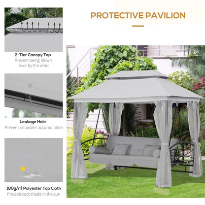 2-in-1 - 3 Seater Convertible Bed / Gazebo Swing Chair with Double Tier Canopy, Cushioned Seat and Mesh Sidewalls - Grey