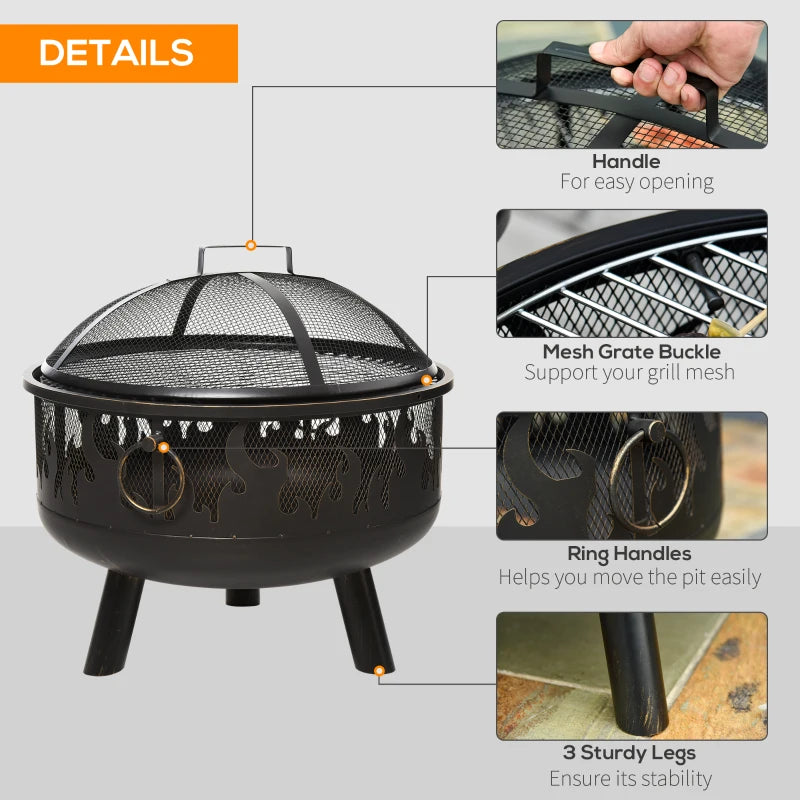 2-in-1 Metal Bonfire Firepit Bowl with Lid, Grill Tray and Poker with Flame Style Print