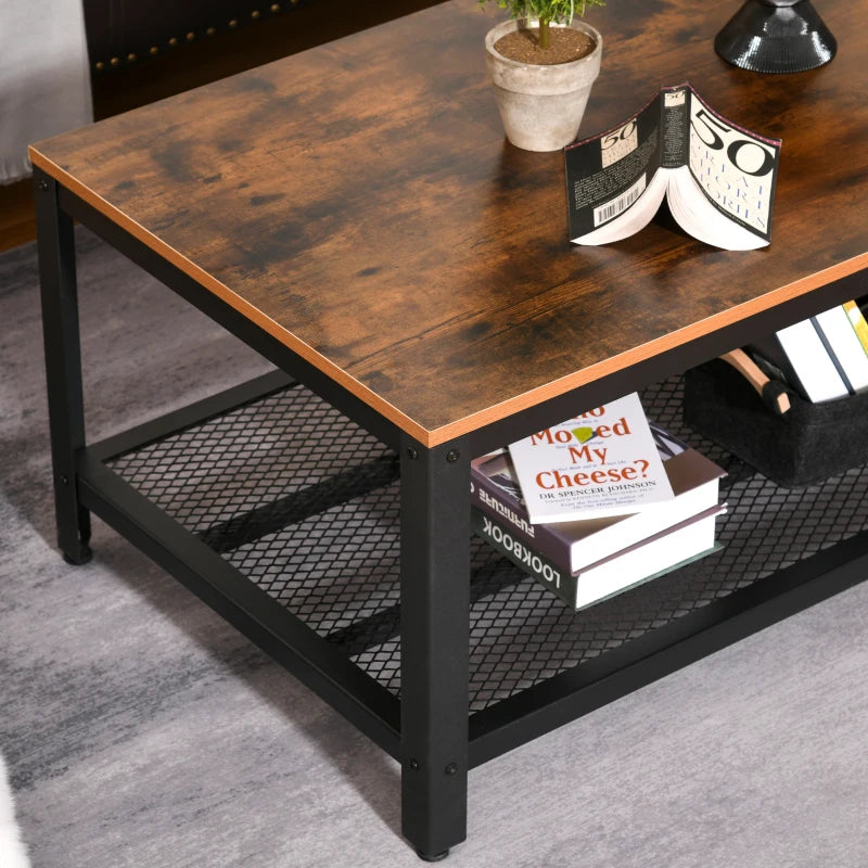 Industrial Style Coffee Table with Wire Frame Metal Storage Shelf