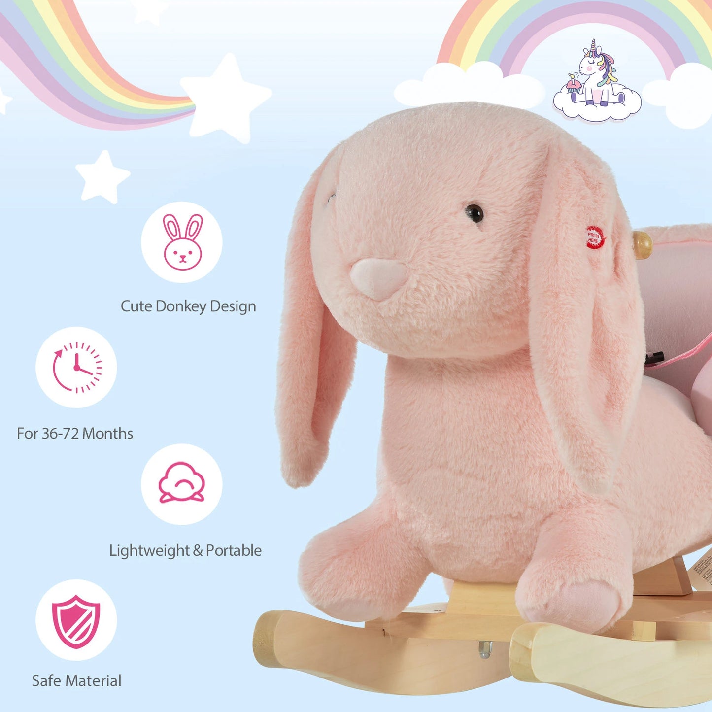 Ride on Bunny Rabbit Style Rocking Horse with Safety Belt and Wooden Base