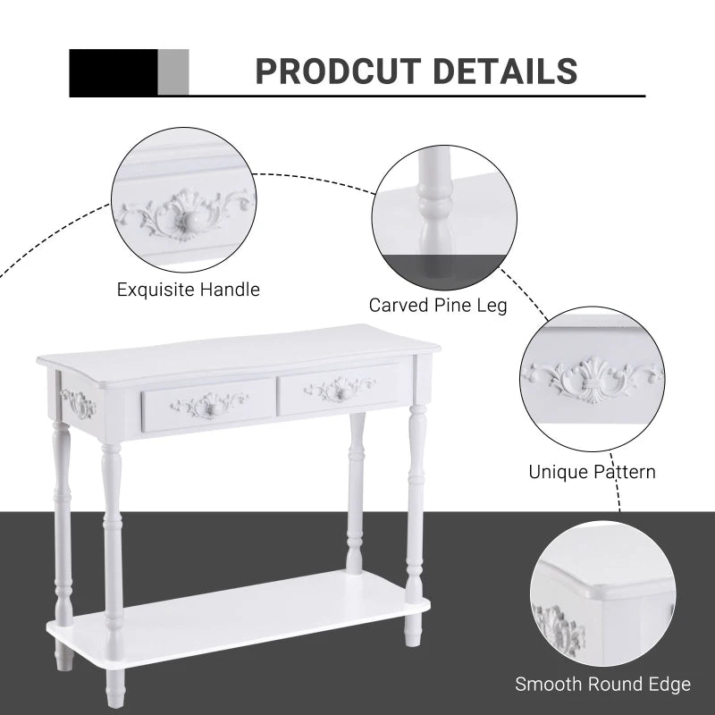 Traditional Style Patterned Side Console Table with 2 Storage Drawers and Underneath Display Shelf