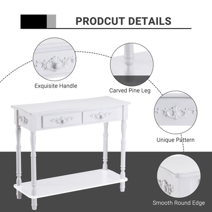 Traditional Style Patterned Side Console Table with 2 Storage Drawers and Underneath Display Shelf