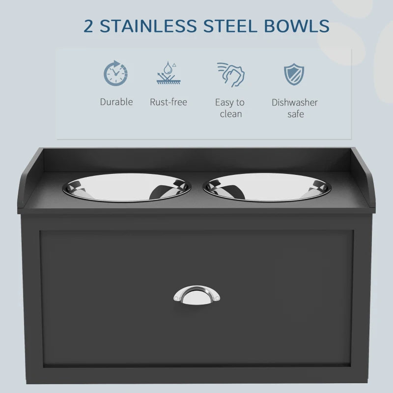 Raised Dog Feeder with 2 Stainless Steel Bowls & 21L Storage Drawer - Black