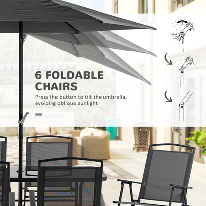 8 Piece - 6 Seater Garden Dining Set with Tempered Glass Tabletop and Parasol Included