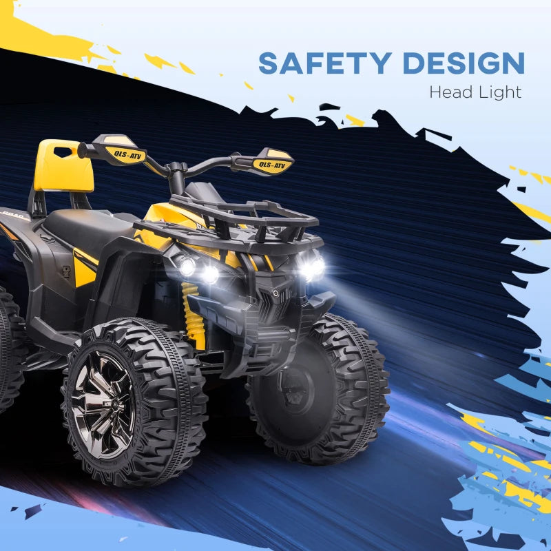 12V Quad Bike ATV with LED Lights, Music, Backrest - Yellow