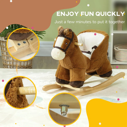 Kids Rocking Horse Plush Ride on Horse with Sound Effect and Wooden Base