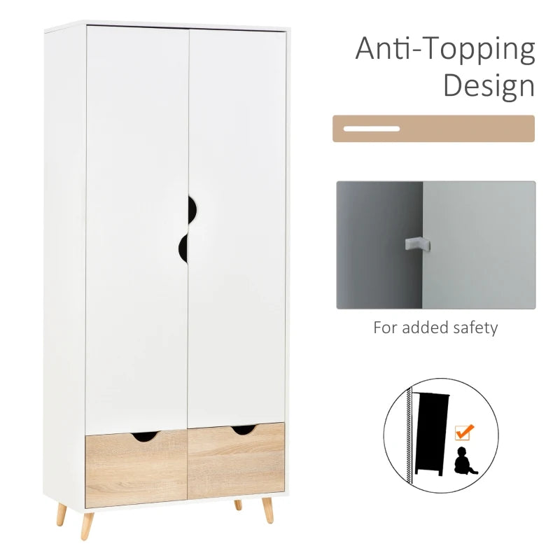 2-Door Wardrobe with Hanger Rail and 2 Underneath Drawers - White / Pine Wood