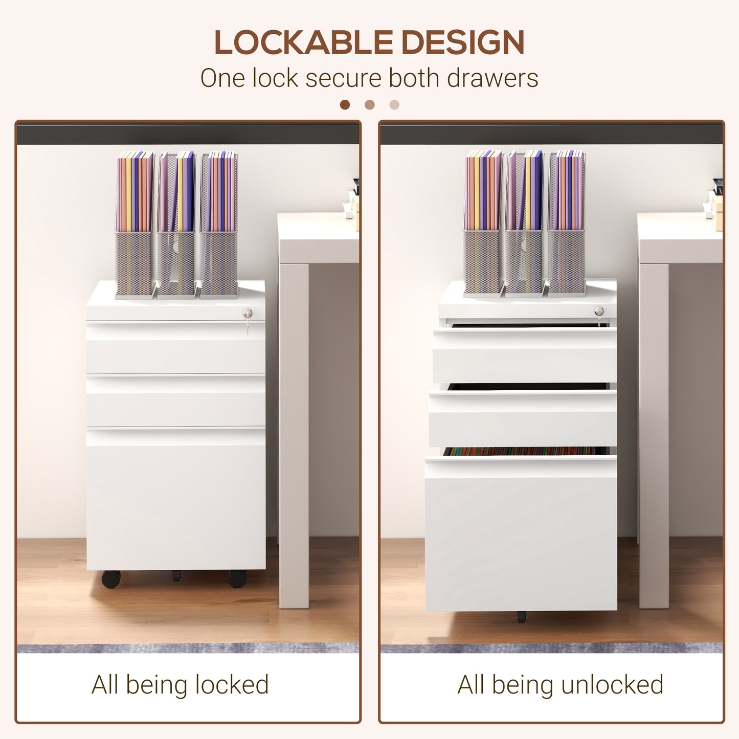 3-Drawer Filing Cabinet with Lock, Mobile Steel File Cabinet for A4, Legal and Letter Size, Under Desk Drawers