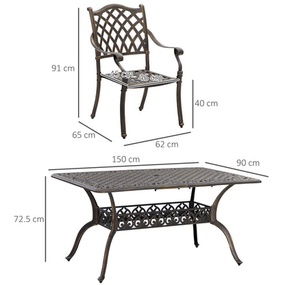 7 PCs Garden Patio Dining Set with Parasol Hole, Cast Aluminium Outdoor Furniture Set with Six Cushioned Chairs and Rectangle