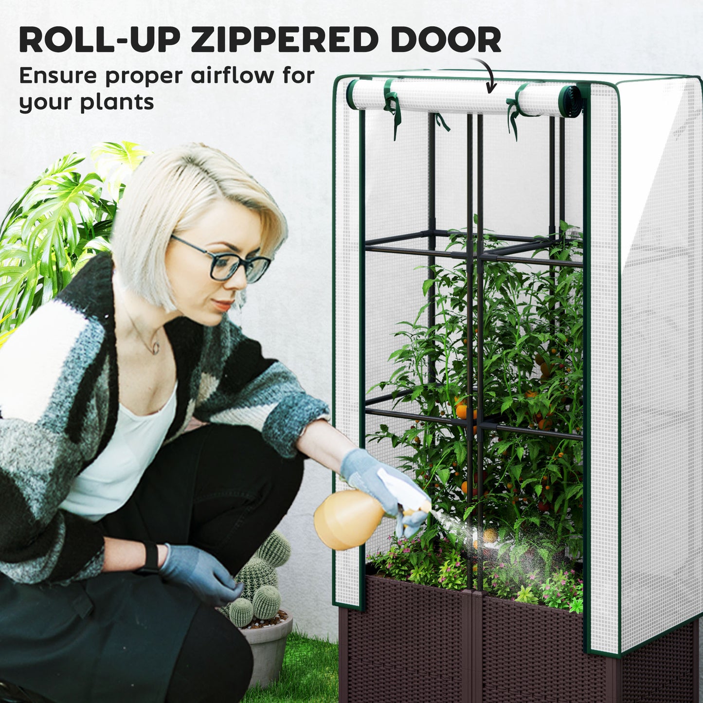 Raised Garden Bed with Trellis, Plastic Planter Box with PE Cover, Drainage Holes