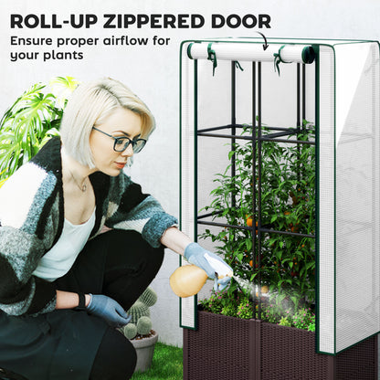 Raised Garden Bed with Trellis, Plastic Planter Box with PE Cover, Drainage Holes