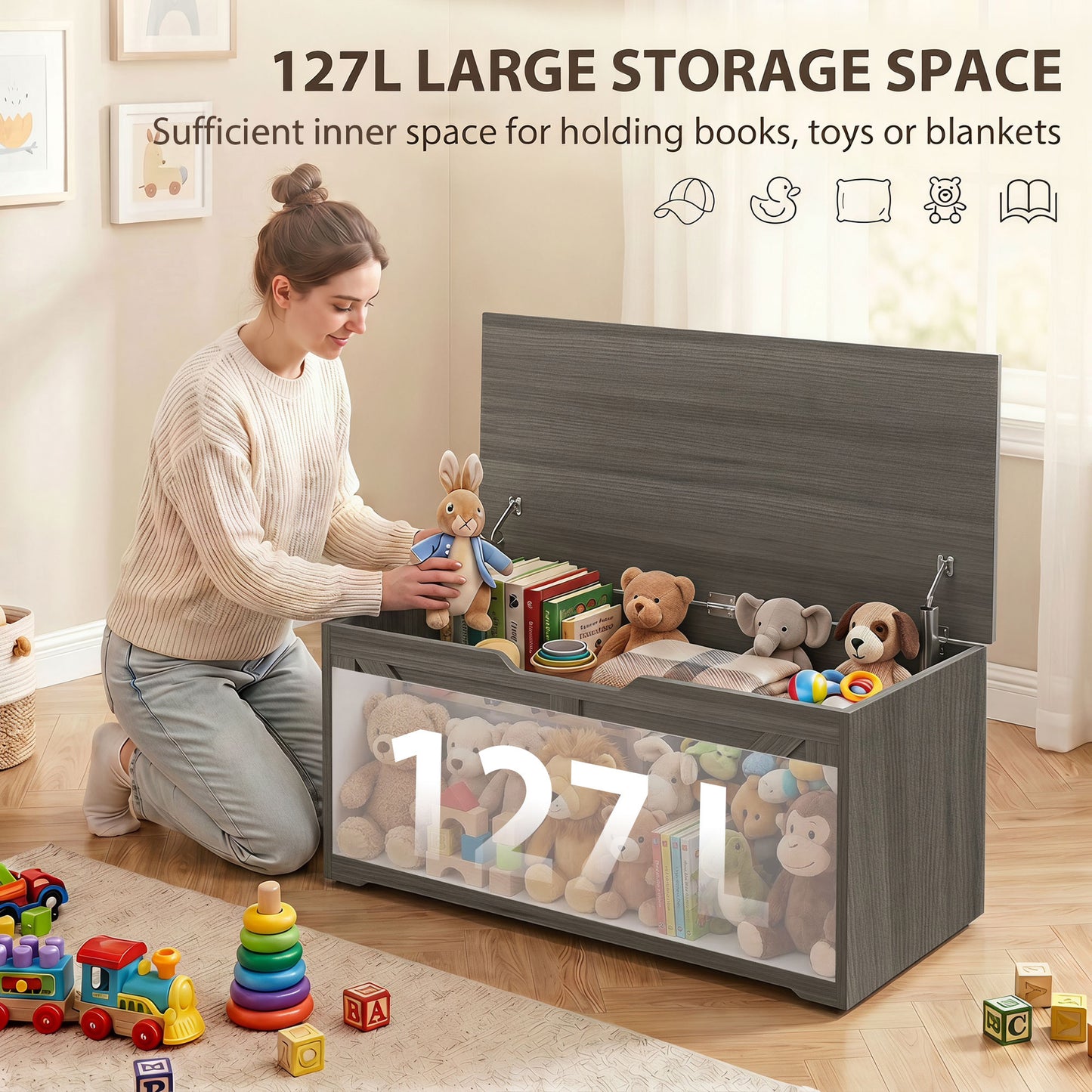 127L Home Storage Box, with Safety Hinges - Dark Grey Wood-Effect