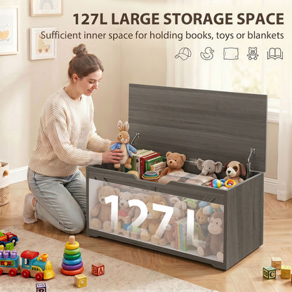 127L Home Storage Box, with Safety Hinges - Dark Grey Wood-Effect