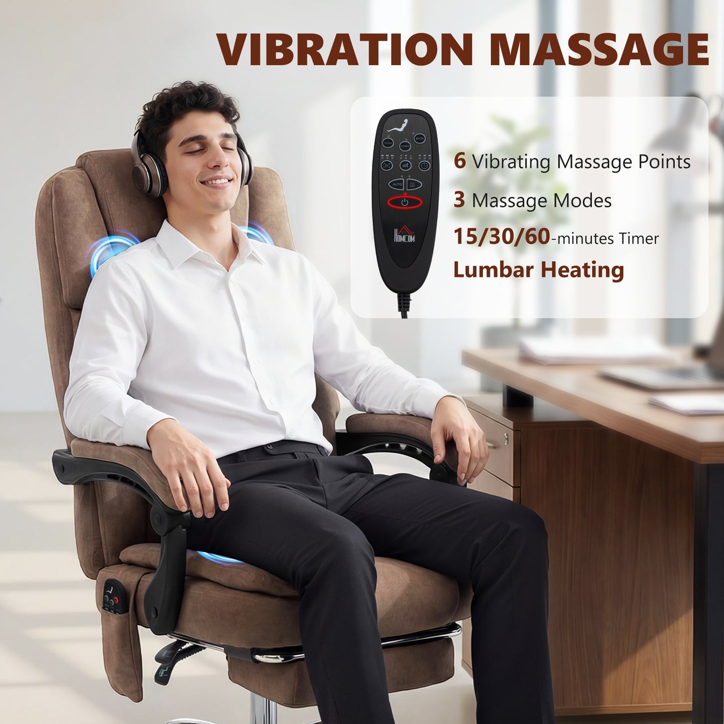 Office Chair with 6-Point Vibration Massage and Heat, Executive Computer Desk Chair with High Back, Reclining, Brown