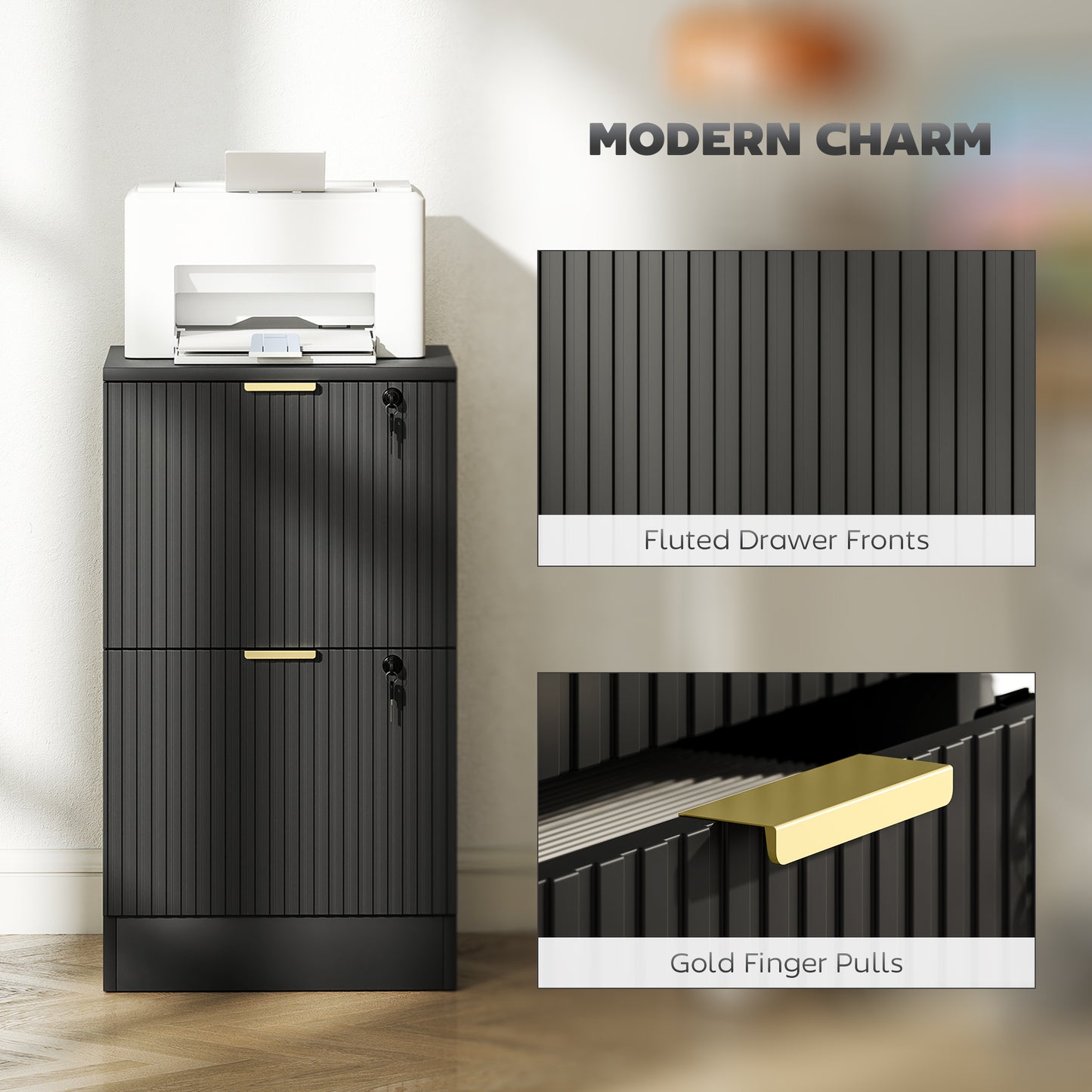 Filing Cabinet, Fluted Vertical File Cabinet with 2 Lockable Drawers and Hanging Rails, Black