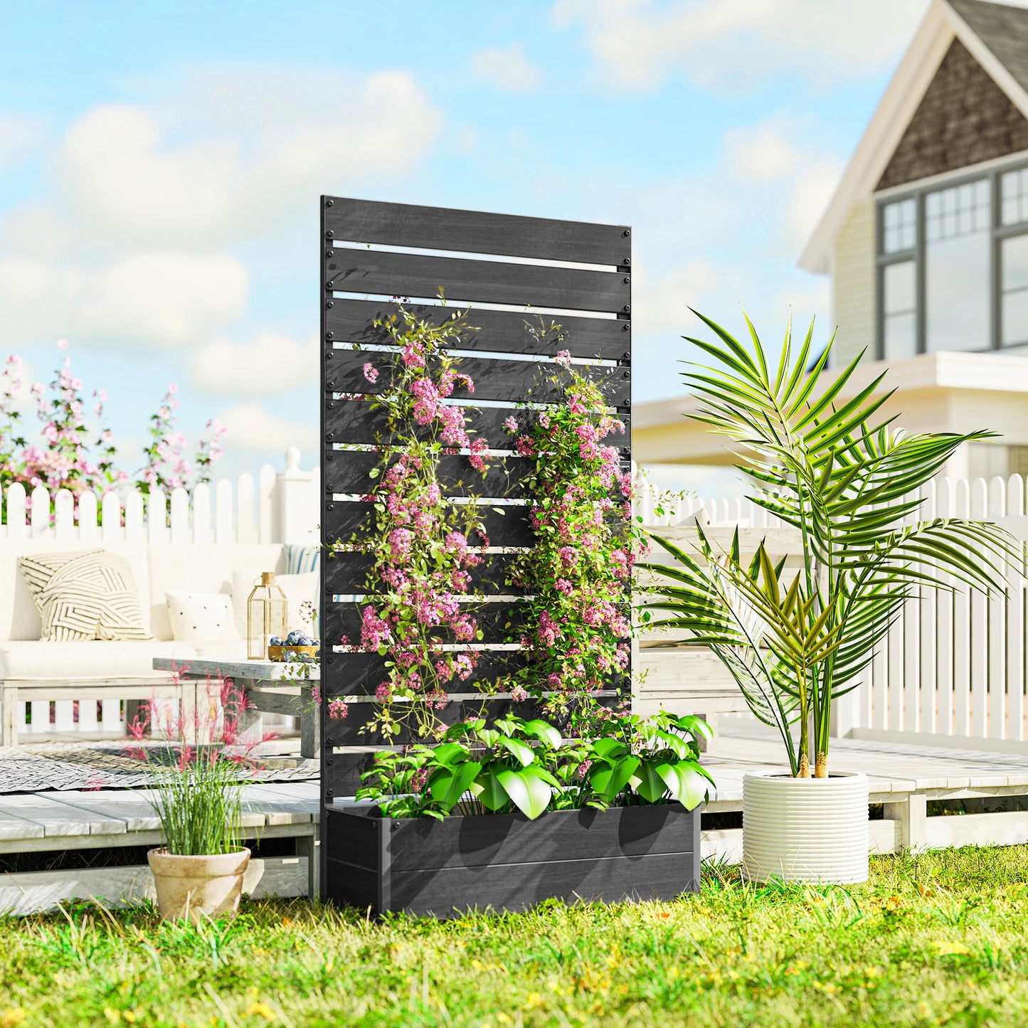 Raised Bed for Garden, Planter with Trellis for Climbing Plants, Vines, Planter Box with Drainage Gap, Black