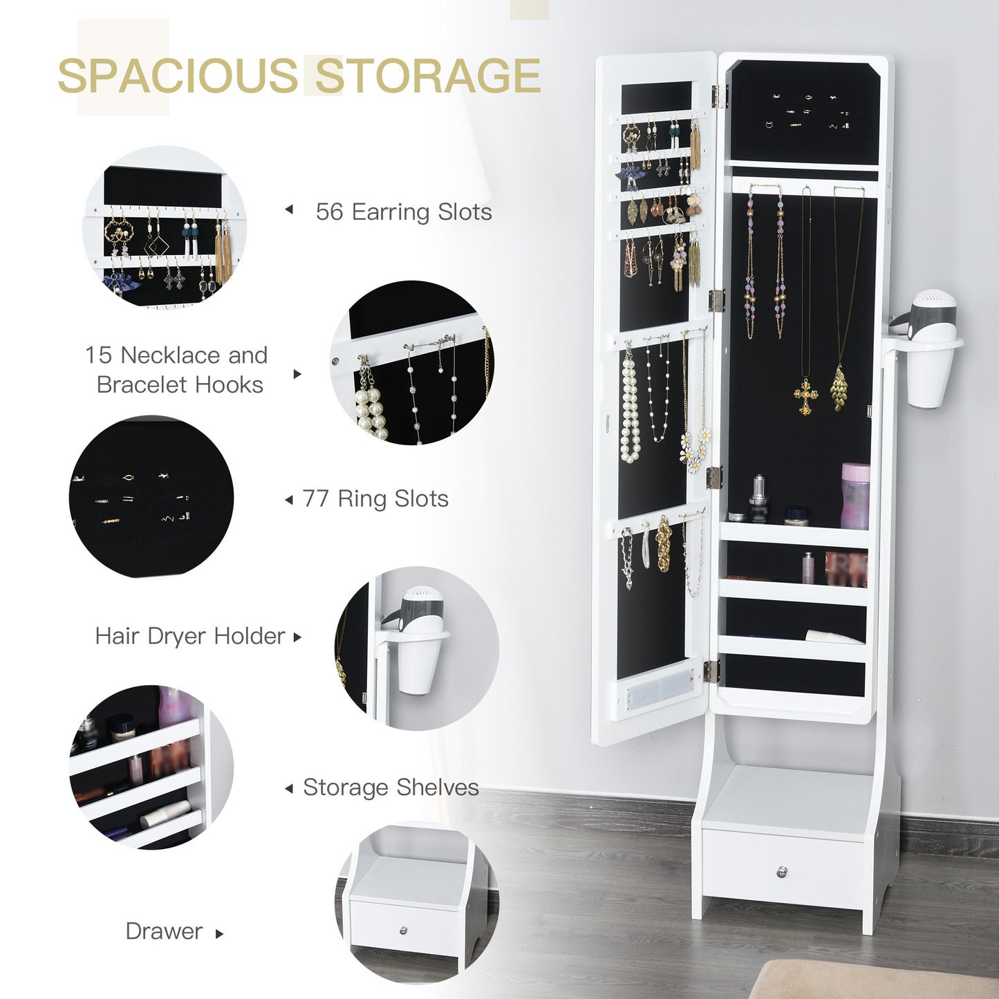Jewellery Cabinet, Full Length Mirror with Storage, Free Standing Mirror with LED Lights, Hooks