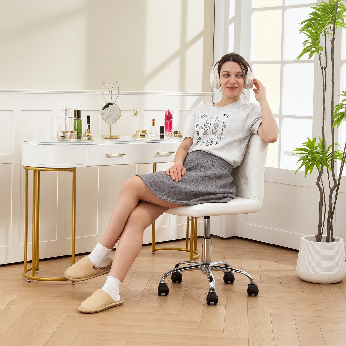 PU Leather Armless Office Chair, Modern Vanity Computer Swivel Chair with Rolling Wheels and Adjustable Height for Home Study