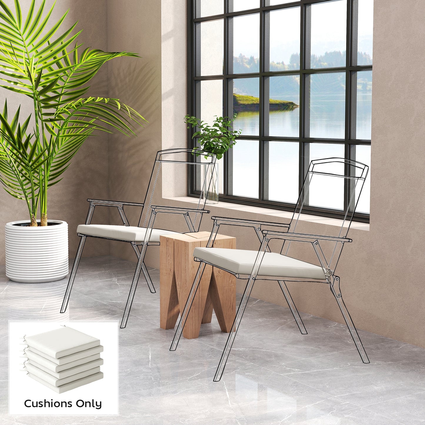 Set of 6 Outdoor Seat Cushions with Machine Washable Cover, Water Repellent Seat Cushions Cream White