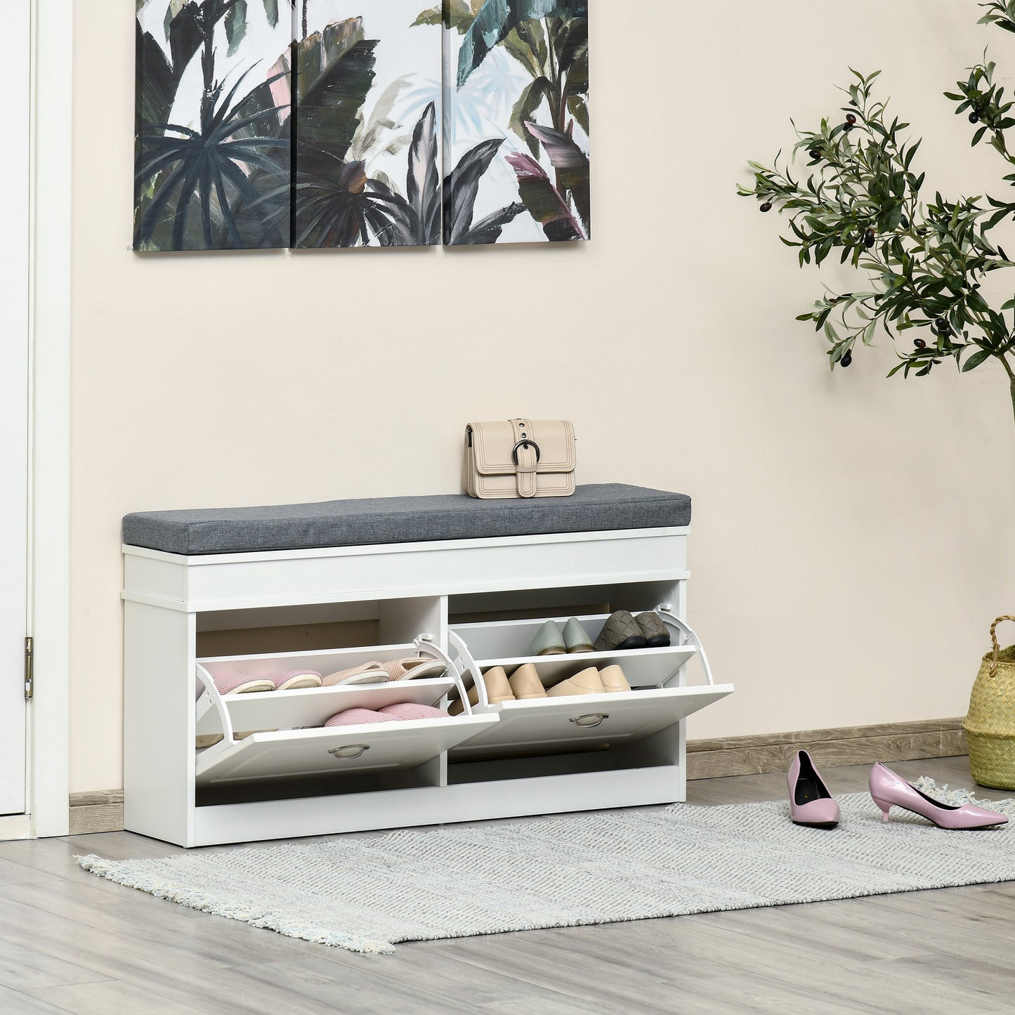 Shoe Storage Bench with Cushion & Drawers – White