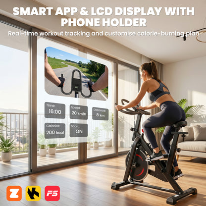 Exercise Bike, Indoor Stationary Bike with Smart APP, 0-100% Magnetic Resistance, Adjustable Seat & Handlebars