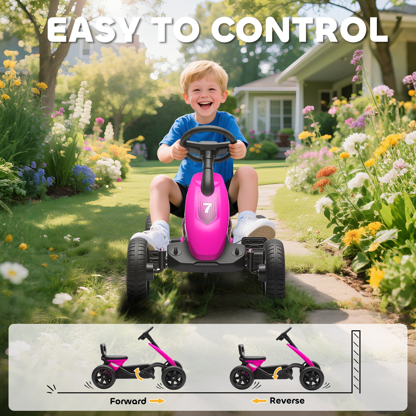 Pedal Go Kart for Kids 2-5 Years, with Silent EVA Wheels, Metal Frame, Pink