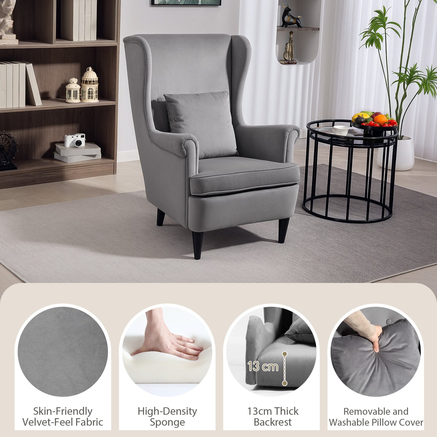 Modern Accent Chair with High Backrest and Pillow, Velvet-Feel Fabric Reading Chair with Solid Wood Legs, Grey