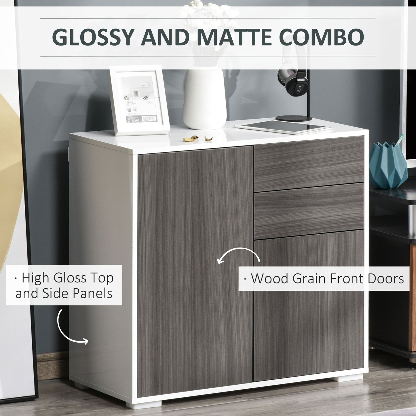 High Gloss Frame Sideboard, Side Cabinet, Push-Open Design with 2 Drawer for Living Room, Bedroom, Grey