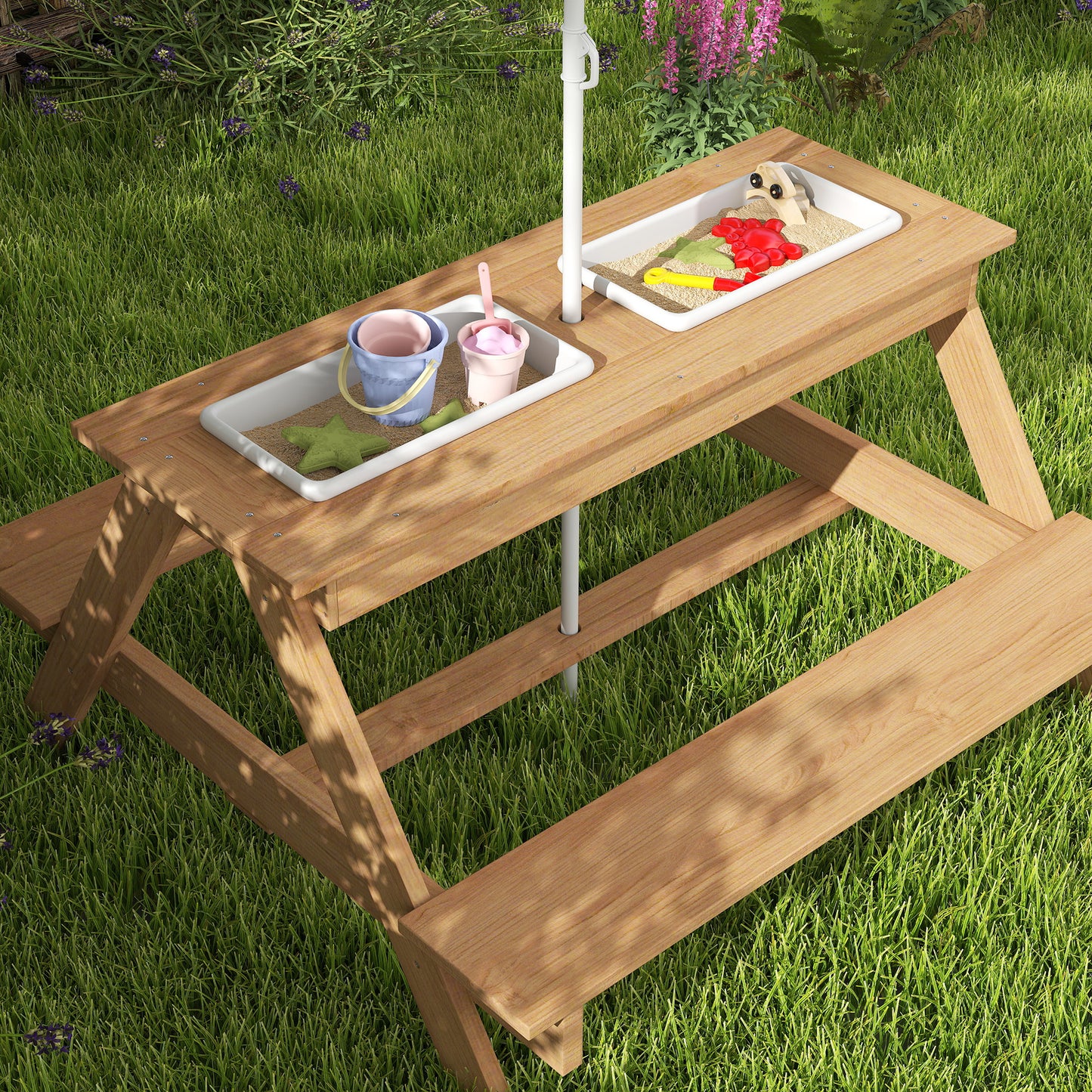 Kids Picnic Table, Sand and Water Table with Wooden Benches, Adjustable Parasol and Storage Bins, Multicolour
