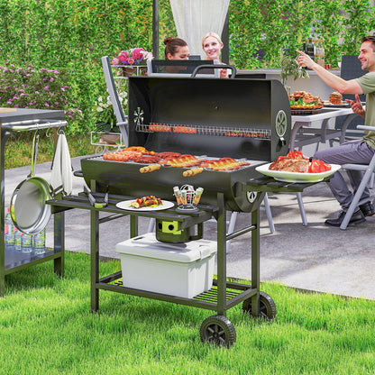 Charcoal BBQ Grill with Foldable Front Side Shelf, Portable Barbecue Smoker with Warming Rack, Bottom Shelf, Lid